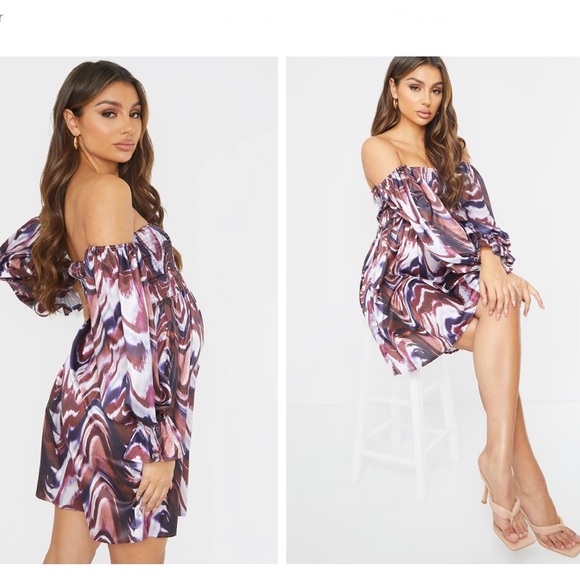 Pretty Little Thing Maternity Shirred Bardot Chocolate Mini Dress 10 - Picture 6 of 9